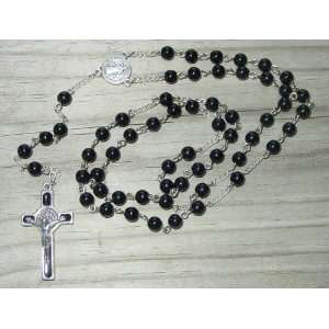  Catholic Rosary   Black Czech Glass, Benedictine Crucifix 