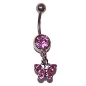  Butterfly Pink Gem Dangle Belly Ring 