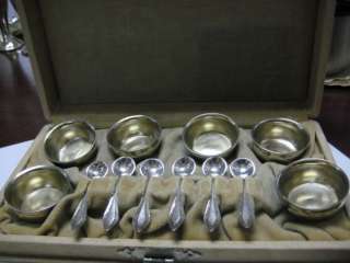 Antique Sterling Silver Set 6 Salt Cellars & Spoons BOX  