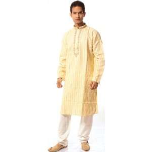 Vanilla Colored Kurta Pajama with All Over Weave and Floral Embroidery 