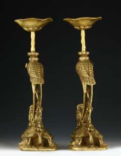 PAIR OF CHINESE CARVED COPPER CANDLE STICK CRANE #4541  