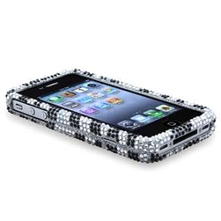 Black Zebra Bling Diamond Case Skin Cover+Screen Shield For iPhone 4 s 
