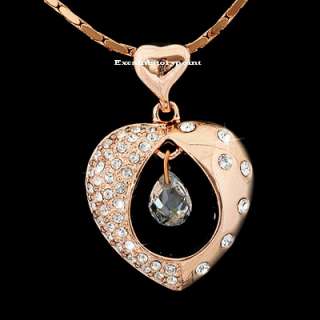 Pretty 18k Gold GP use Swarovski Crystal Heart Necklace w Dangle 