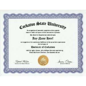  Cockatoo Degree Custom Gag Diploma Doctorate Certificate 