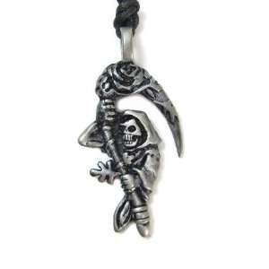  Sickle of Horror Skull Pewter Pendant with Corded Necklace 