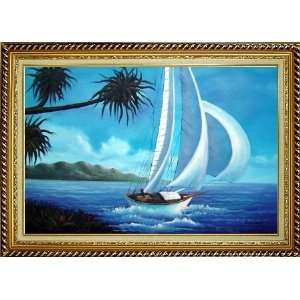 Sailing near Coast with Palm Trees Oil Painting, with Linen Liner Gold 