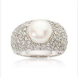    WHITE BUTTON PEARL RING WITH WHITE CZ PAVE SHANK CHELINE Jewelry
