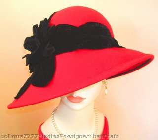 RED BLACK FELT WINTER DRESS CHURCH HAT DESIGNER HATS  