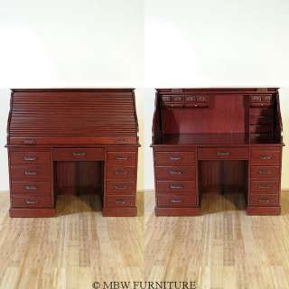 Solid Mahogany Cherry Executive Office Computer Roll Top Desk Table 