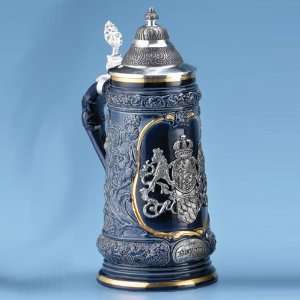 Ceramic Blue Bavarian/German Beer Stein/Mug with Pewter Lid and Emblem 