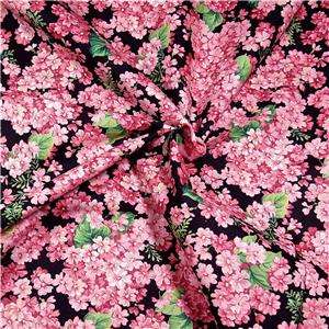 Cranston Cotton Fabric, Bright Pink Cherry Blossom Flowers on Black 