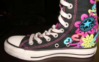 CONVERSE XXHI GIRLS KNEE HIGH CHUCKS, BLACK W/DESIGN, ZIP BACK, LACE 