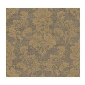   River Scrolling Damask Prepasted Wallpaper, Pearled Gold/Deep Taupe