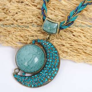   Moon Shape Blue Acrylic Stone Crystal Pendant Chain Necklace  