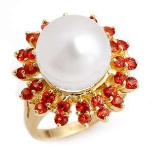    Genuine 1.50 ctw Red Sapphire & Pearl Ring 10K Yellow Gold Jewelry
