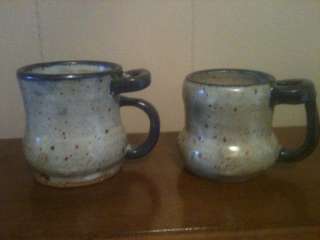 Two Custom Ceramic Coffee Mugs w/Thumb Holders Gray w/Blue Trim  