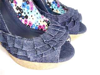 NEW Blue Denim Ruffle Wedge Peep toe Platform Sandals  
