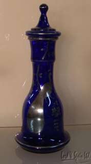 Vintage Czech Cobalt Art Glass Bottle/Vase W/Silver Overlay Peacock 