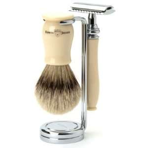   Ivory 3 Piece Shaving Set with Safety Razor & Silvertip Badger Brush