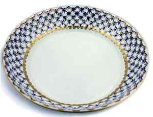 Lomonosov Porcelain Deep Cake Dish Cobalt Net Bone China AUTHENTIC 