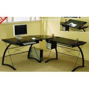 Home Office L Shape Charting Computer Desk in Black Metal Finish 