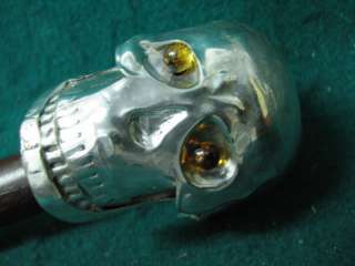 Rare old cane, walking stick, sterling silver human skull with glass 