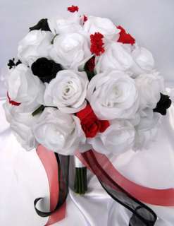   bouquet wedding flowers WHITE BLACK RED pew bow centerpieces  