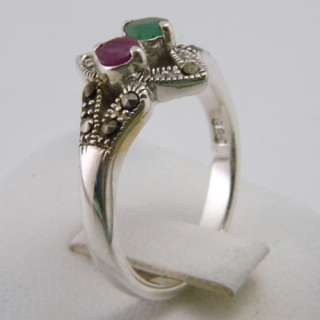 Genuine ruby emerald marcasite 925 sterling silver Ring  