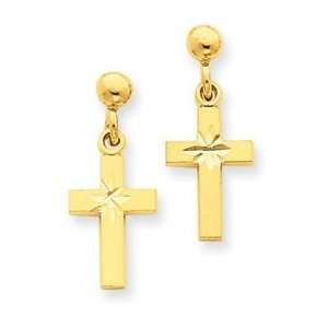  14k Yellow Gold Satin & Diamond  Cut Cross Earrings 