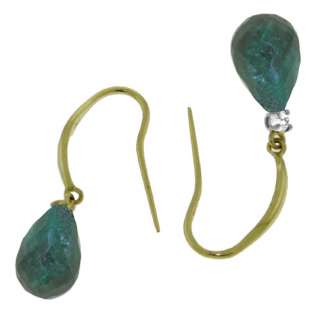 Natural Emerald Briolette Gemstone & Diamond Fish Hook Dangle Earrings 