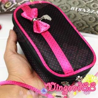 Lady Women Double Layers Bowknot Bow Dott Cosmetic Strap Make up Bag 