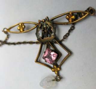   Art Deco Nouveau Lavalier Rose Gold Fill Pendant Necklace Pink Stone