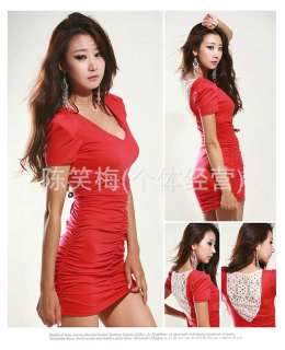 Women V Neck Pleated Red Clubwear Short Sleeve Dress M  