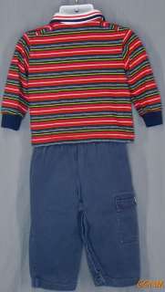 Navy Blue Pants with Red, Blue, Yellow, Green Striped Polo Shirt Size 