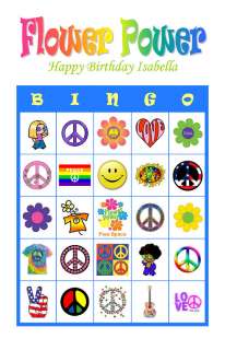 Flower Power Hippie Birthday Party Game Bingo Cards  