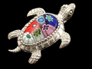 Silver Multi color Turtle Millefiori glass pendant honu  