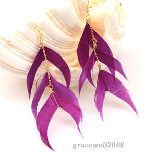 1Pair New Feather Dangle Chain Long Earrings Purple Handmade 3 5inch 