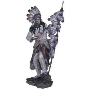   Bronze Indian Chief With Feather Spear Figurine