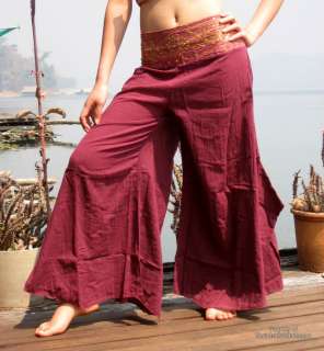 Flared Cotton Tribal Belly Dance Pants Burgundy Red L  
