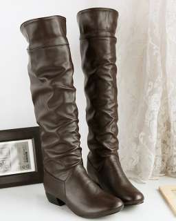 Womens Flat Low Heel PU Leather Fashion Knee High Boots Shoes US All 