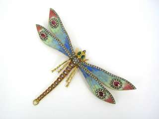 70s Plique a Jour Multi Color Enamel Diamond Emerald Ruby Dragonfly 