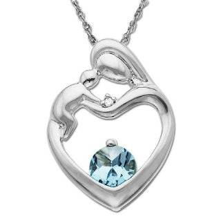   Round Aquamarine and Diamond Accent Mothers Jewel Heart Pendant, 18