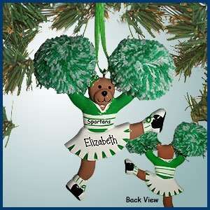 Personalized Christmas Ornaments   Cheerleader Bear Kicking   Green 