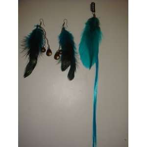  Feather Extention clip with hair and Earrings set 