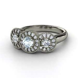   Triple Halo Ring, Round Aquamarine Platinum Ring with Diamond Jewelry