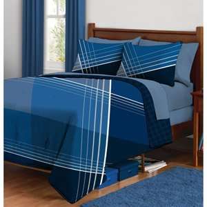  Cool Blue Plaid Stripes Boy Queen Comforter Set (8pc Bed 
