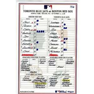 Blue Jays at Red Sox 9 12 2008 Game Used Lineup Card   