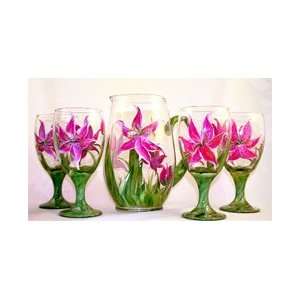  Hand Painted Glass   Stargazer Pitcher and Goblets Set 