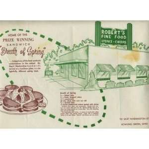  Roberts Fine Foods Placemat Bowling Green Ohio 