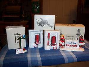 DEPT 56 SNOW VILLAGE LOT OF 4 COME JOIN PARADE FOR SALE SIGN SLED SKIS 